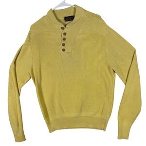 Vintage Eddie Bauer Mens Henley Sweater Yellow Ribbed Knit Mock Neck Pullover